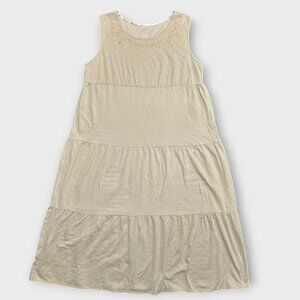 Vtg Womens L (12/14) Tiered Maxi Dress Embroidery Sleeveless Prairie Cottagecore